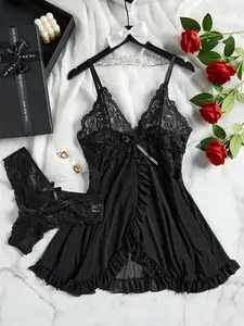 Women's Lace Trim Cami Nightdress & Thong Sexy Lingerie Set, Comfy Breathable Nightgown & Panty Set, Women's Sleepwear & Loungewear Set, Sleeveless Nightgown