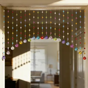 OSVINO Crystal Beaded Curtain for Doorways, 20 Strings Arch Door Beads, Hanging Room Divider Bead Curtains, No Drill Self-Adhesive for Bedroom Window Closet Entryway Home Decor, Rainbow