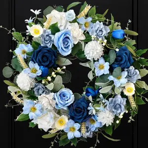 CIR OASES 22-Inch Spring/Summer Synthetic Floral Wreath with Rose, Dahlia, Hydrangea (Blue & White) - Home Decor Ornaments, Photo Prop, Table/Front Door Porch Wall Plants, Valentine Gift