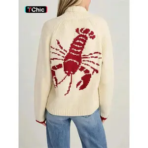 Women's lobster pattern front button long sleeved sweater cardigan, autumn and winter women's casual long sleeved pullover, women's daily knitwear, casual fashion knitwear, women's clothingRAIMENTRY