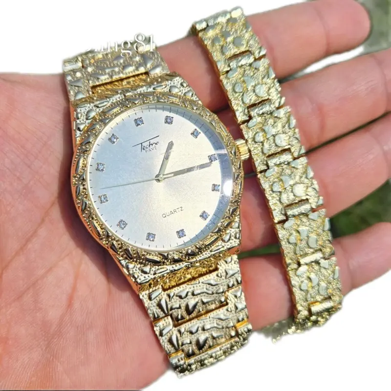 MEN'S ICED HIP HOP GOLD PLATED LUXURY BLING GOLDEN NUGGET WATCH & BRACELET SET