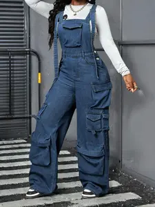 Women's Adjustable-Strap Denim Workwear Jumpsuit, Loose-Fit Fashion Casual Style Everyday Overalls, Womenswear, Comfortable and Stylish for Spring and Fall
