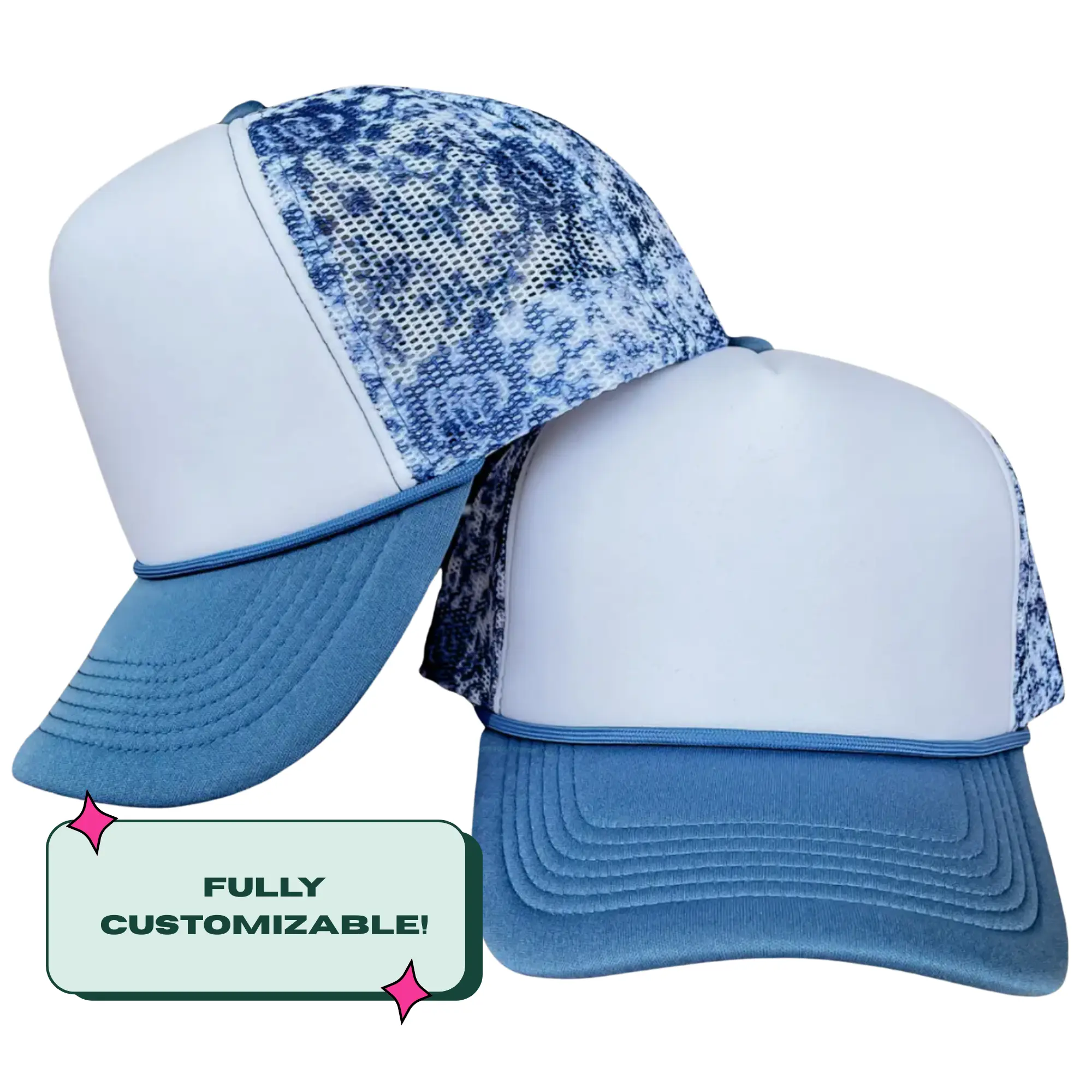 Unisex Adjustable Custom Embroidered Blue Floral Magnetic Ponytail Trucker Hat - Cotton Mesh Clothes Accessory, Floral Print, Durable, One Size Fits Most, Custom Embroidered Hats