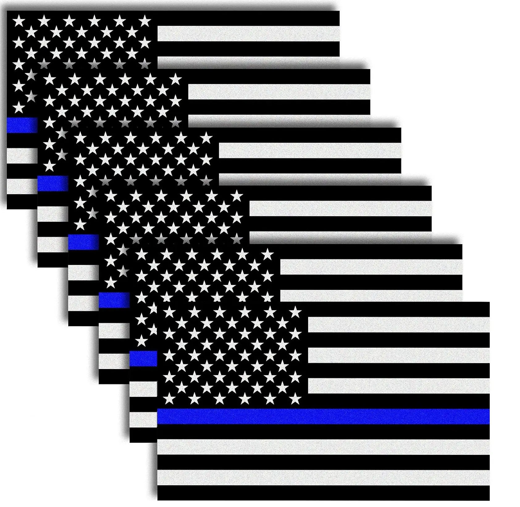 Night-Reflective Stars & Stripes US Flag Decal Packs (6-Pack) with Thin Blue Line, 5x3in Water-Resistant Easy-Apply Vinyl Car Stickers, Weatherproof Hold for Trucks, Lockers to Honor Police Law Enforcement