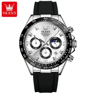 OLEVS Fashionable Waterproof Quartz Men's Watch - Analog Chronograph, Moon Phase, Multifunction, Silicone Band, Diamond Accents, Luminous Hands, Mineral Glass, Clasp Closure, Waterproof Wristwatch