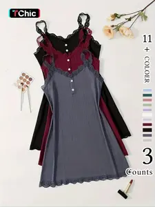 Women's Plain Buttons Contrast Lace Cami Nightdress, Elegant Sleeveless Nightgown, Comfy Sleepwear Loungewear for Summer