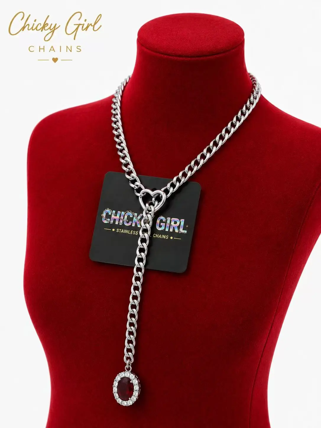Chicky Girl Oval Gem Pull-Through Necklace, Adjustable Chunky Chain for Couples, Girlfriend & Boyfriend, Unisex Statement Jewelry for Alternative Women & Men, Gothic-Inspired Daily Accessory with Sliding Chain Design