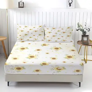 3-Piece Sunflower Patterned Bed Sheet With Comfortable Printed Pattern, Including 1 Bed Sheet And 2 Pillowcases, Comfortable Bedding, Anti Slip Dust Cover Suitable For Bedrooms And Guest Rooms, Suitable As a Gift