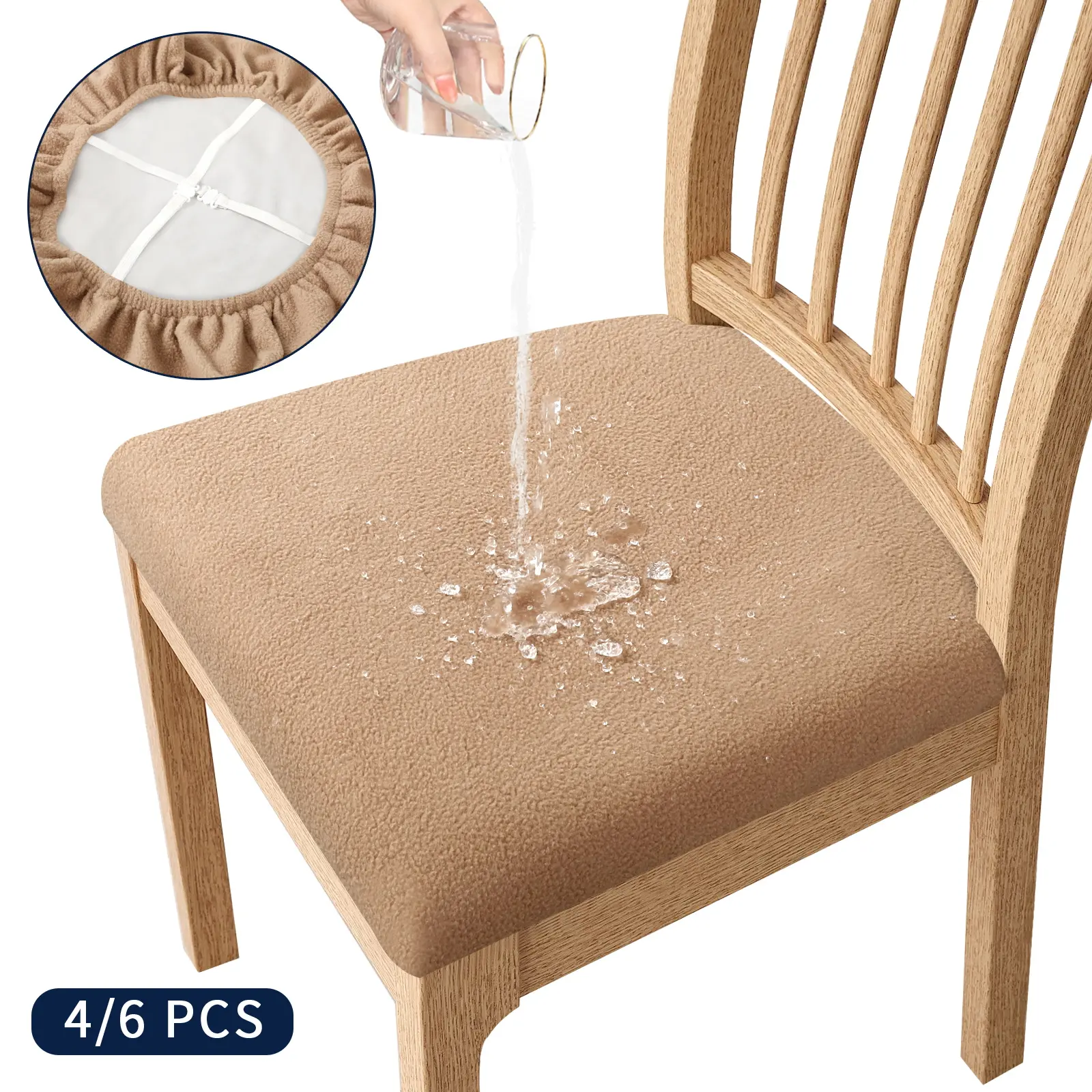Easy-Going 4/6 PCS Waterproof Fleece Thick Cloth Seat Covers with Waterproof Coating, Detachable Washable Slipcovers & Pads, Wrinkle Resistant Dining Chair Protectors for Home Dining Room, Room Decoration