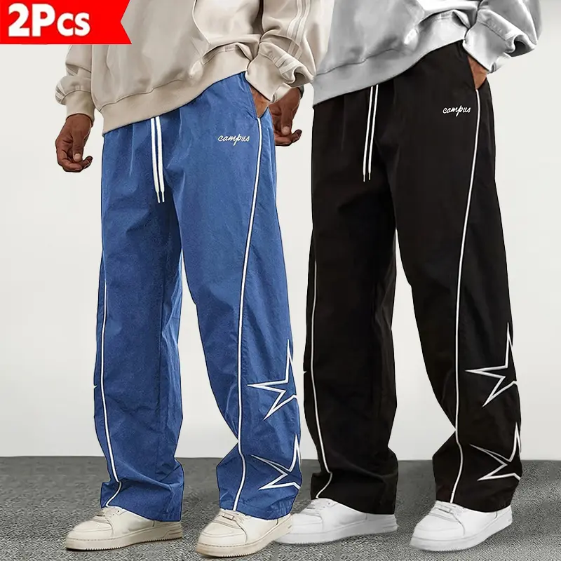 Men's Polyester Sports Pants - Side White Strips, Star Printing, Comfortable Elastic Mid Waist, Machine Washable, Letters Design, Trendy Versatile for Daily Leisure & Sports Wear, Elastic Waist Pants, Comfortable Elastic Waist