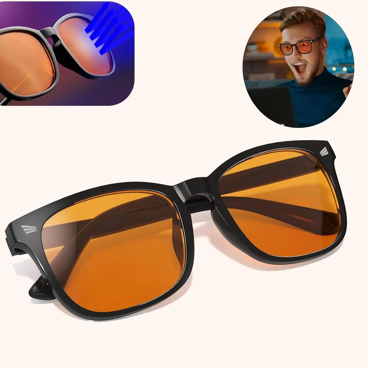 Blue Light Glasses for Men, Lightweight Frame with Amber Tinted Lenses for Gaming, Anti-Glare Computer Eyewear & UV Protection, Men's Accessories, Gamer Stuff, Contrast Boost, Glow‑Free Gaming