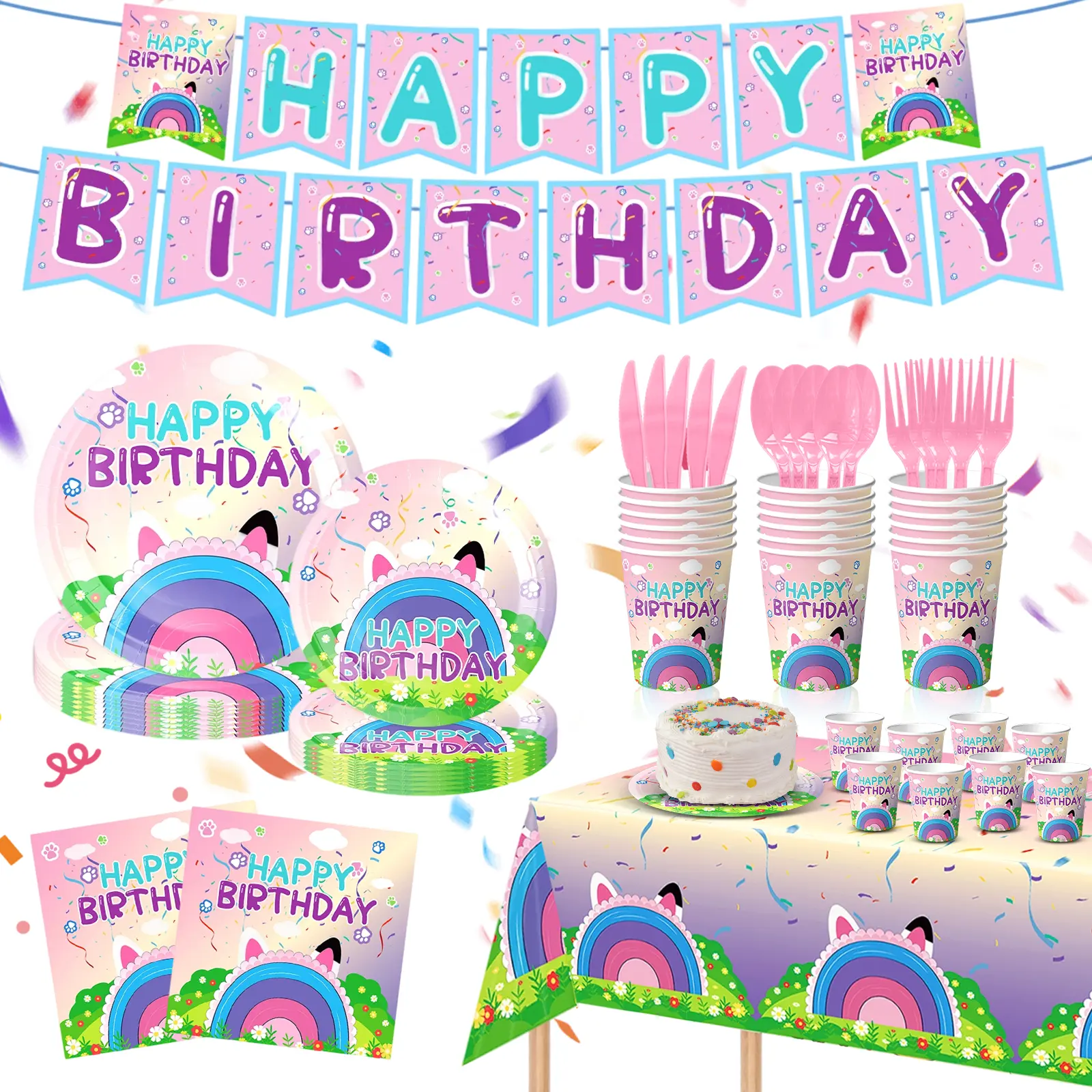 170PCS Dollhouse Birthday Party Kit, Disposable Tableware Set for Kids - Plates, Cups, Napkins, Cutlery, Banners, Serves 24 (Festive & Home Party Supplies)