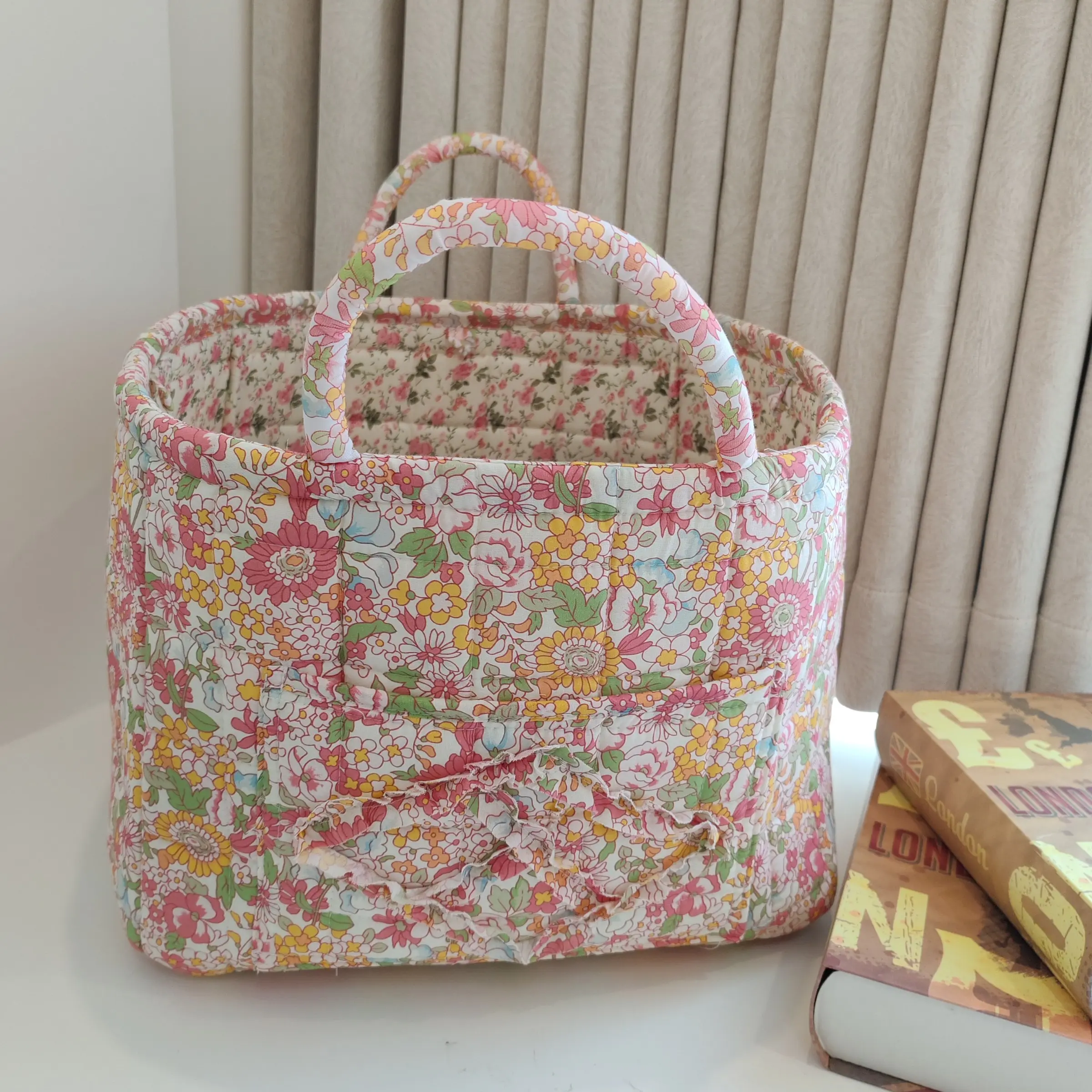 Washable Foldable Fabric Storage Bag, Book Organizer Floral Pattern Basket, Office Supplies Holder, Home Decor Bin for Entryway Bedroom Living Room, Decorative Storage Basket