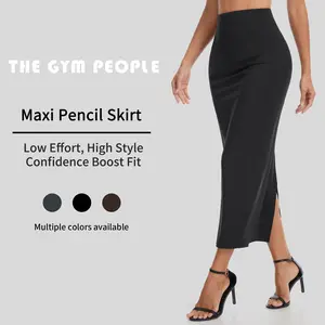 THE GYM PEOPLE Women's Long Pencil Skirt High Waist Stretchy Business Work Bodycon Maxi Skirts with Back Slit