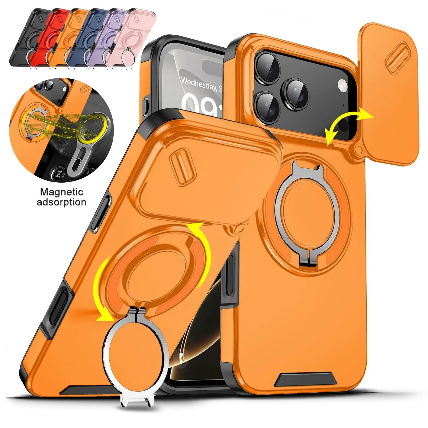 StarTU Magnetic MagSafe Case for iPhone 17 / 16 / 15 / 14 / 13 / 12 Pro Max & Plus – Slide Camera Cover, 360° Rotating Ring Stand, Shockproof Anti-Drop Protection