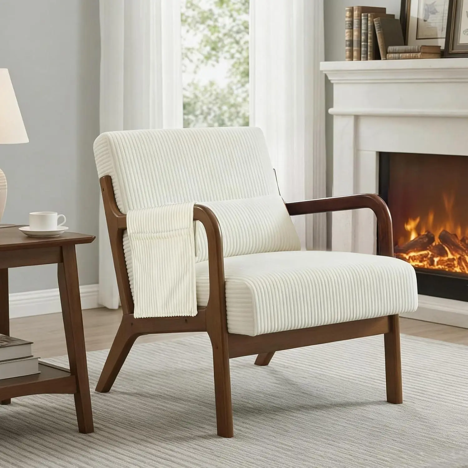 Single Sofa Chair with Lumbar Pillow, Leisure Armchair for Small Living Room, Mid Century Modern Upholstered Accent Chair, Compact Reading Chair with Solid Wood Frame 1Pack