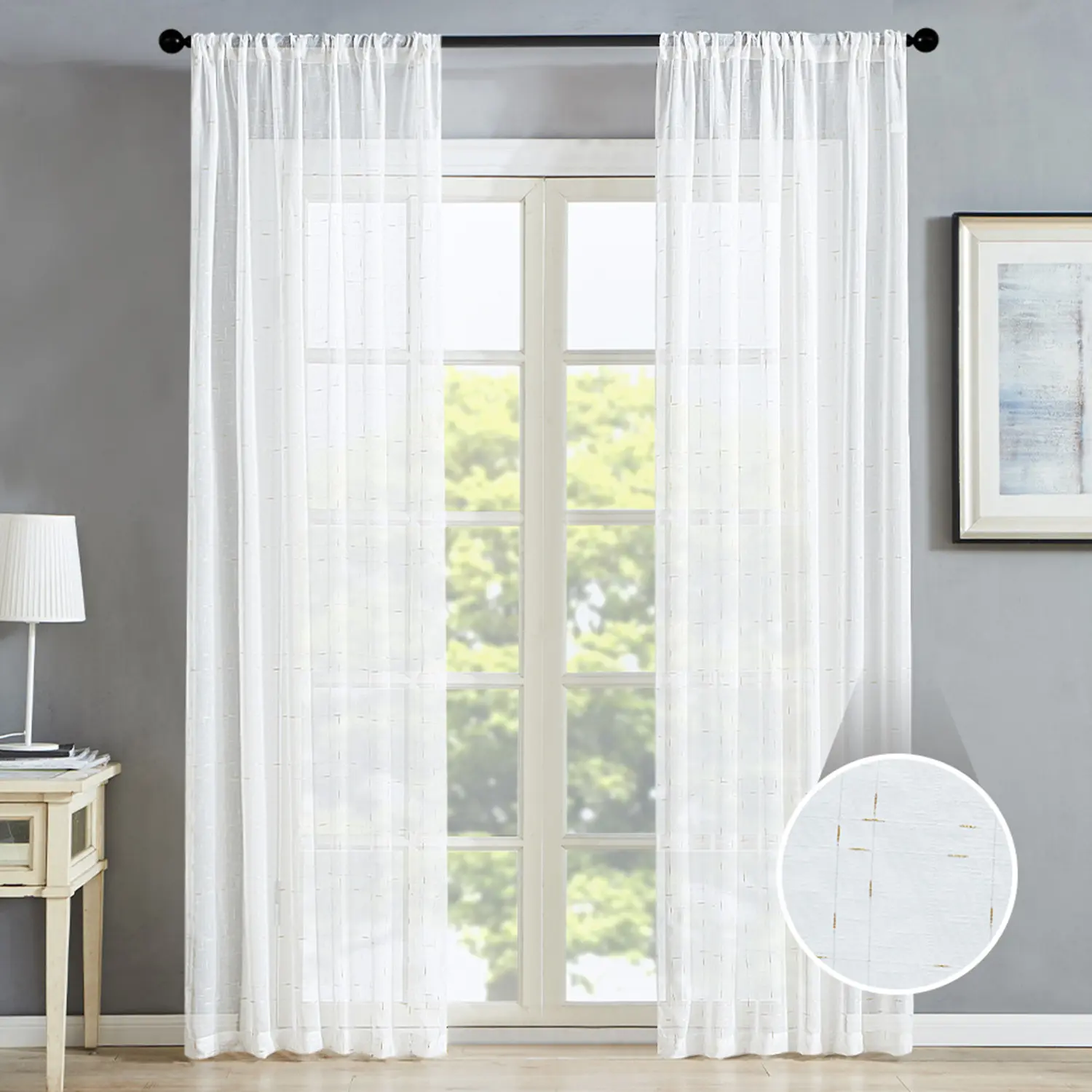 2-Piece Set Semi Sheer Plaid Curtains, Breathable Soft Indoor Curtains with Rod Pocket Top, for Living Rooms & Bedroom Room Decor (63in, 84in, 96in, 102in)