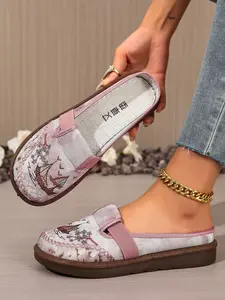 Vintage Embroidered Slip-On Slippers Women, Breathable Fabric & Anti-Slip Sole, Home & Outdoor Wear, Mom Style Comfort Shoes HT33