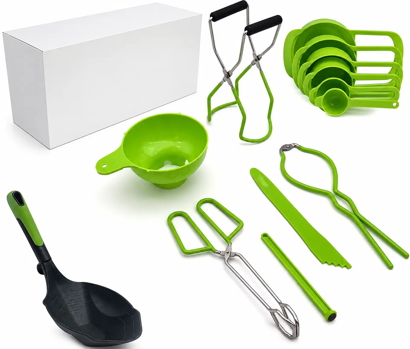 US-Assembled Certified Food Grade Stainless Steel Canning Utensils Set with XL Ladle, Wide Kitchen Funnel, Jar Lifter, Jar Wrench, Bubble Popper-Measurer, Lid Lifter, Kitchen Tongs