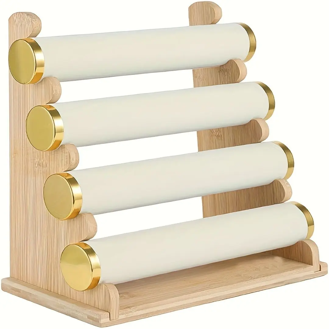 4-Tier Velvet & Wood Premium Watch & Accessory Holder - Anti-Scratch Jewelry Storage Display Stand, Vanity Dresser Home Organizer, Decor Gift