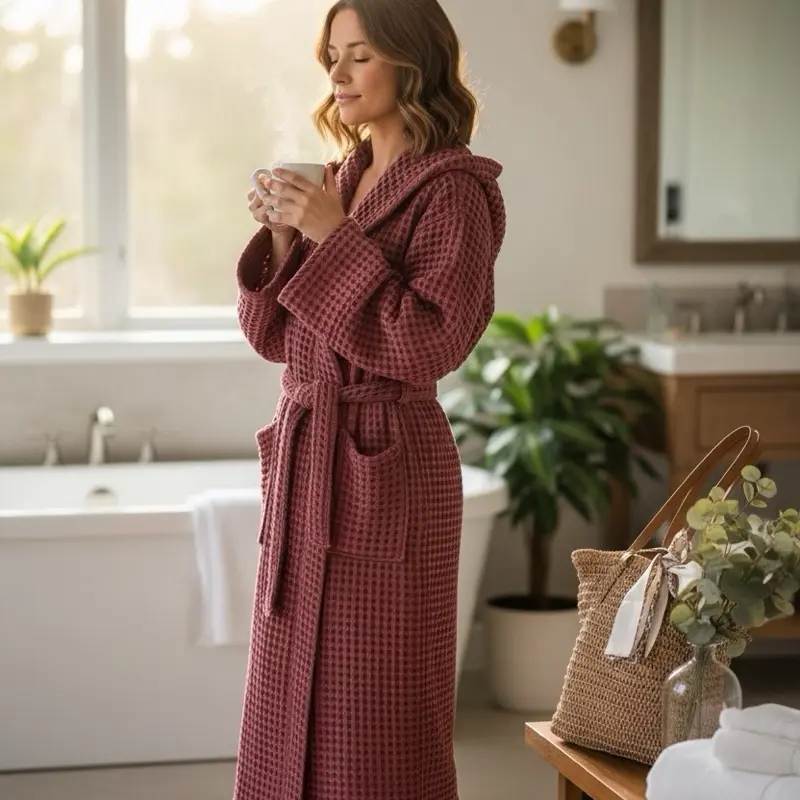 Hooded Premium Turkish Waffle Robe, 100% Cotton organic Bathrobe, Luxury Spa Robe, Lightweight Organic Cotton Robe for Women / Men (Burgundy)