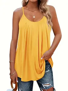 Women's Summer Lightweight Breathable Thin Strap Sleeveless Round Neck Pleated Plus Size Casual Loose Tank Top, Comfortable and Stylish Design for Daily Wear