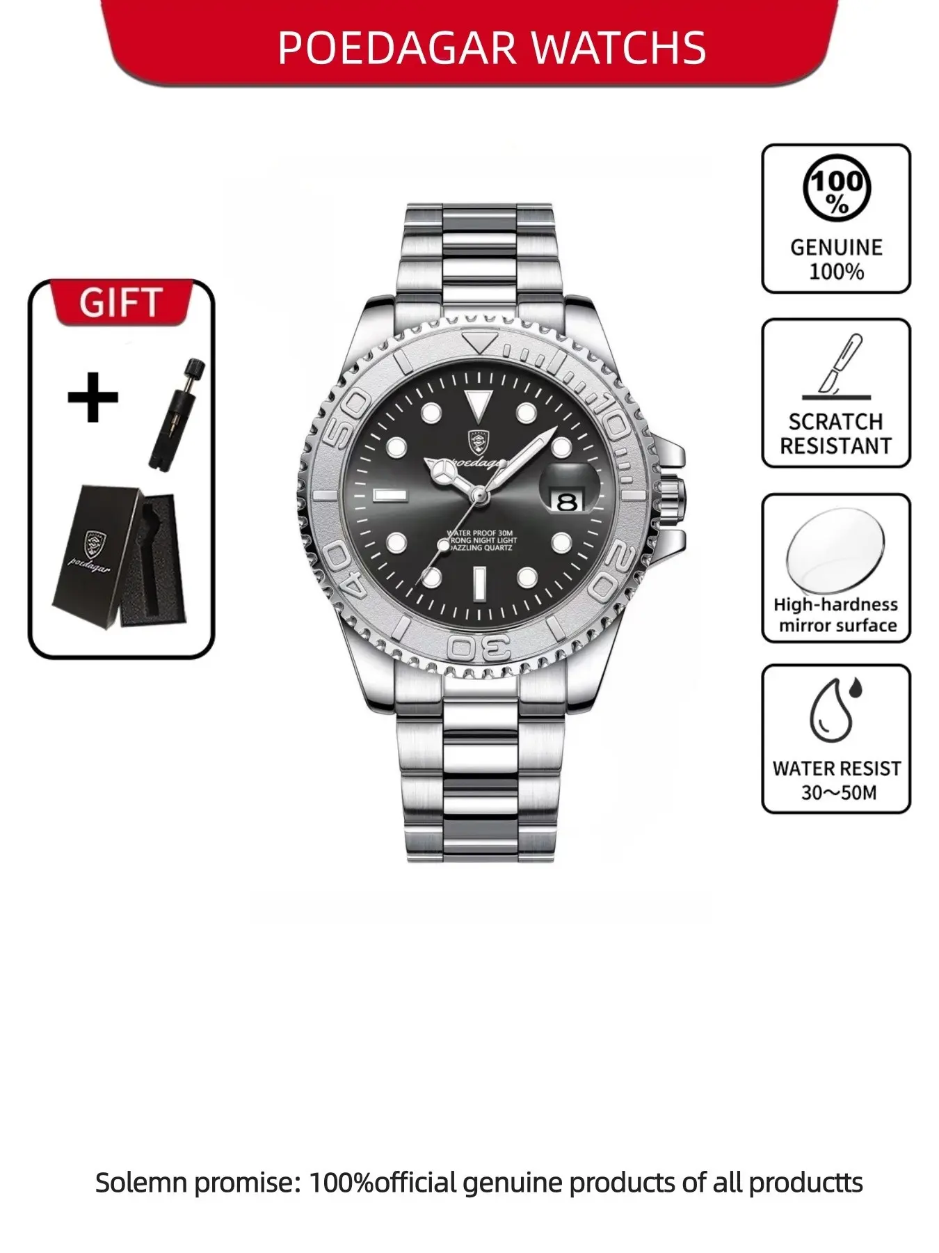Men's Business Fashion Waterproof Round Dial Luminous Date Quartz Analog Wristwatch, Stainless Steel Watches, Fashion Watch for Party, Daily Clothing Decor, Trendy All-match & Exquisite Watch for Birthday Gift with Box