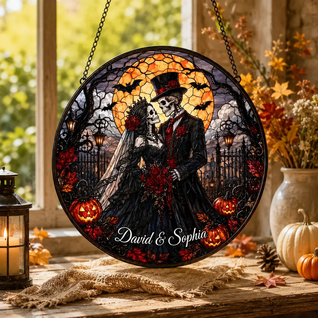 Gothic Skeleton Bride and Groom Stained Glass Style Hanging Sign Personalized Halloween Wedding Decor