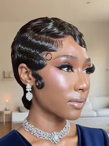 Elegant Finger Wave Pixie Cut Wig, Human Hair Deep Curly Layered Style, 180% Density, Machine Made Wigs for Women, Short Wigs