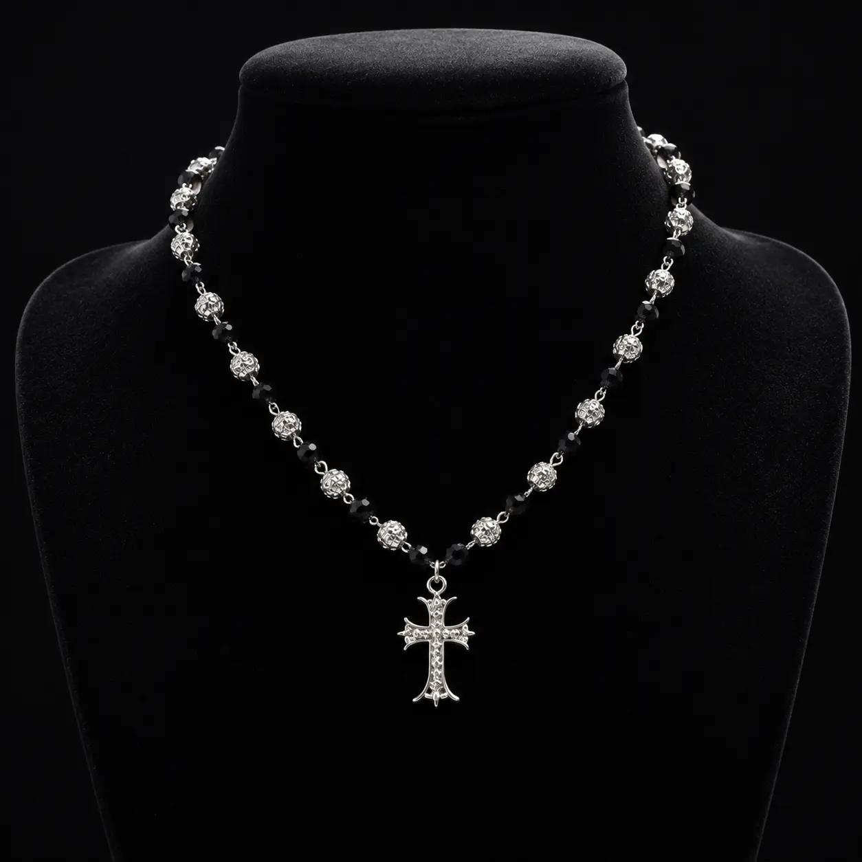 Y2K Gothic Cross Pendant Necklace for Women, Black White Rhinestone Beaded Chain, Silver Tone Edgy Grunge Everyday Fashion Jewelry