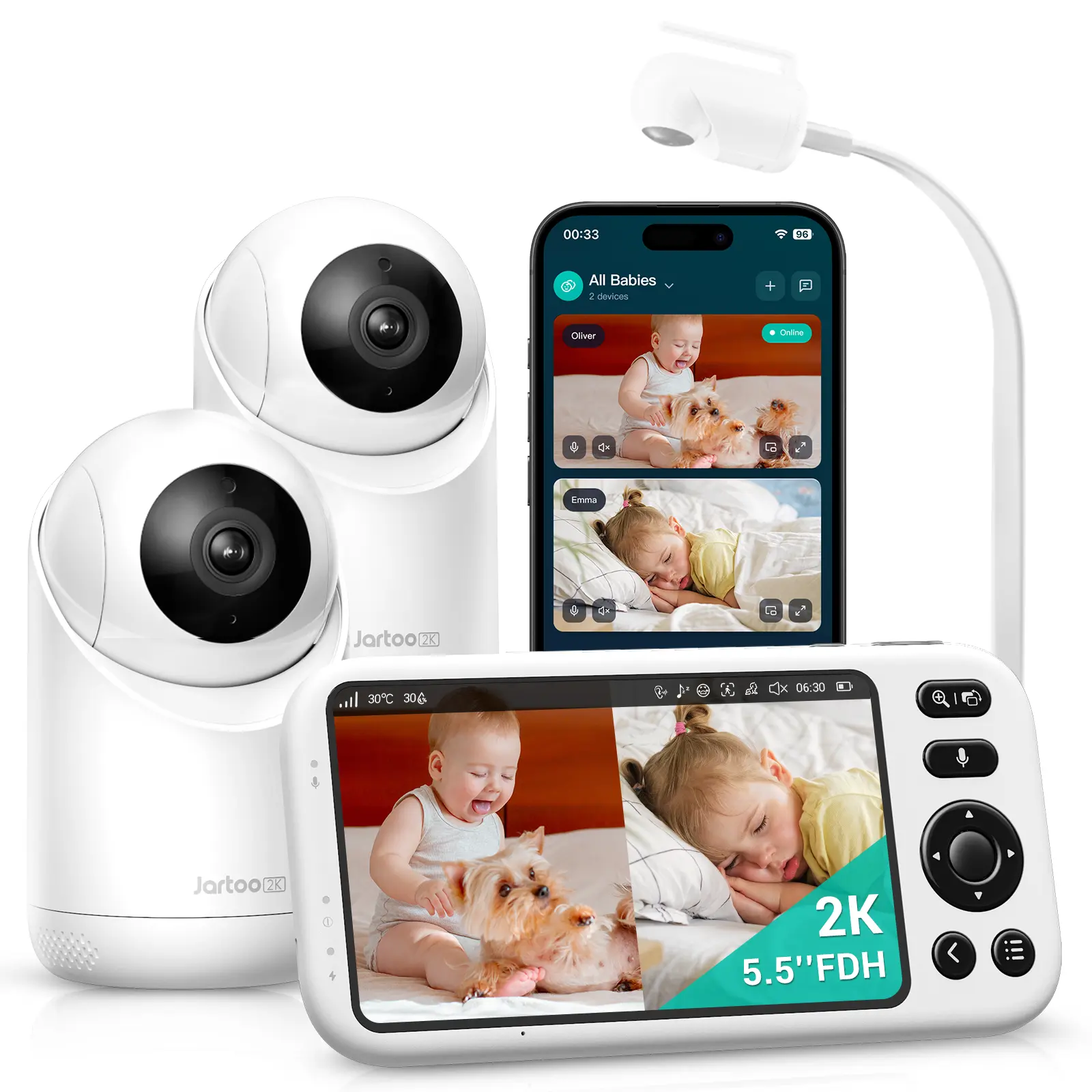 Jartoo Dual-mode Smart Baby Monitor with 2 Cameras, Clip Mount Included, 1860ft Long Range, 2K UHD Video, 5.5-Inch Display, AI-Powered Detection, Free App & 24/7 Recording, ANR