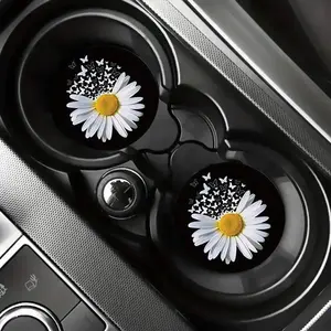 Flower Pattern Car Coaster, 2 Counts Round Anti-slip Car Cup Holder Pad, PU leather Car Interior Decoration Accessories for Women & Girls, Car Interior Accessory, Car Interior Decorative, Aesthetic Car Accessory, Car Accessories Cute