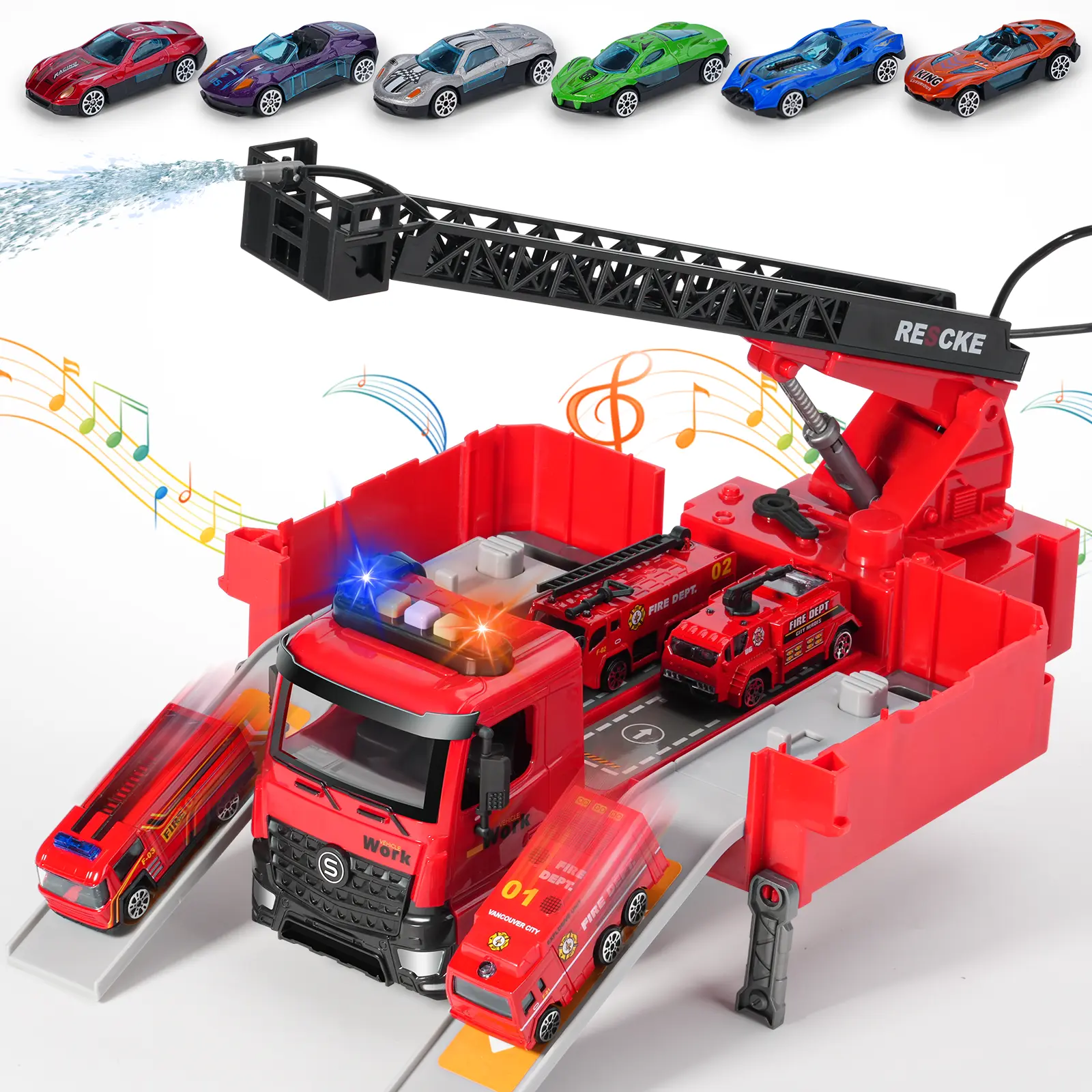 Fire Truck Catapult Car With 6 Carts, transport car With Fire Sprinkler Hose, With Sound And Light, Super Cool Boys Toys, Suitable For Children Over 3 Years Old Gifts, Christmas Gifts, Halloween Gifts