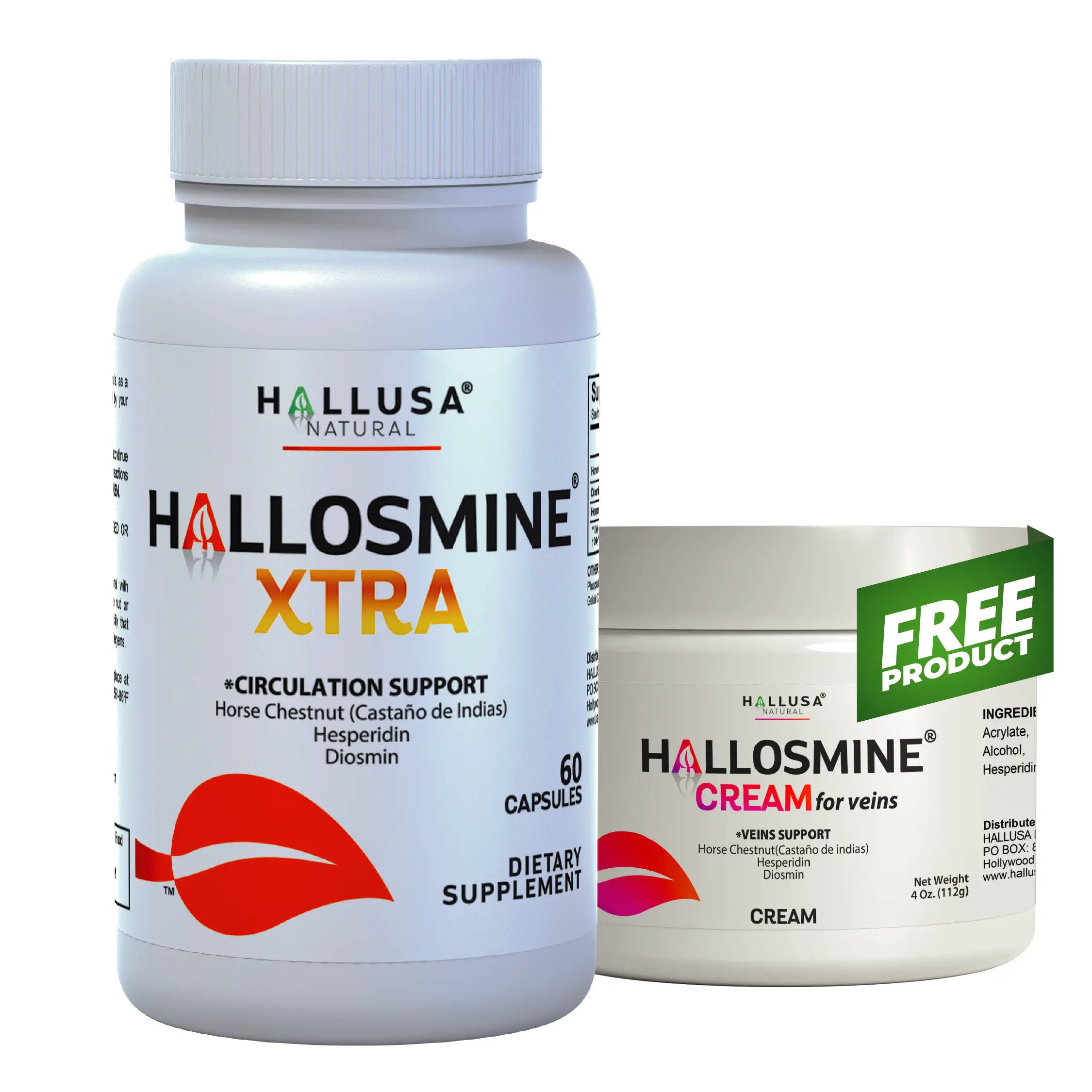 HALLUSA NATURAL HALLOSMINE XTRA Dietary Vein Care Capsules (60 Count) with Free Hallosmine Cream, Herbal Multi-Ingredient Support for Circulation, Swelling Reduction (Diosmin, Horse Chestnut, Hesperidin), Vitamins For Women, Botanical Extracts