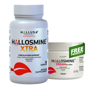 HALLUSA NATURAL HALLOSMINE XTRA 60 Capsules & FREE Hallosmine Cream for Vein & Circulation Support with Diosmin Horse Chestnut & Hesperidin Natural Swelling Reduction Supplement