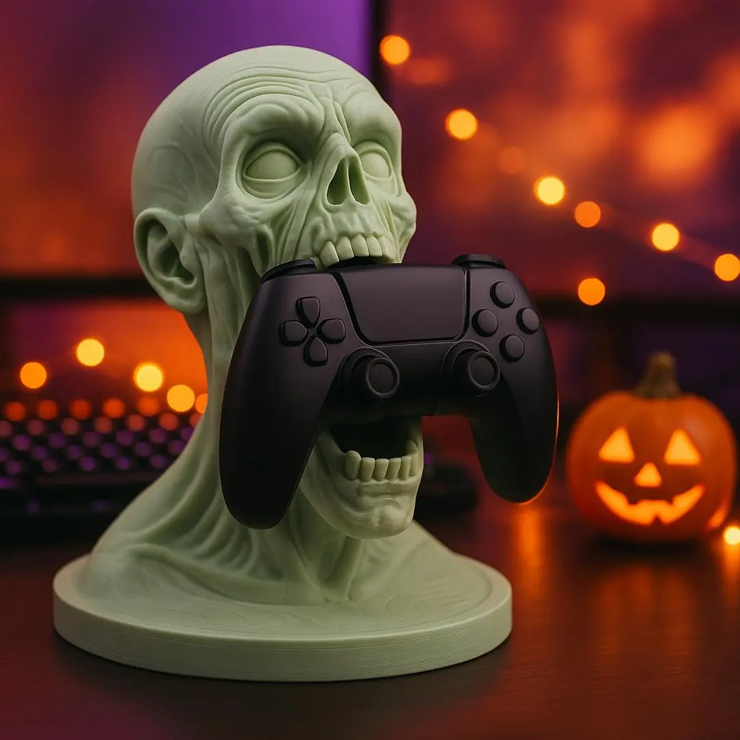 Ghoul Controller Holder - Glow in the Dark Zombie Head Stand, Halloween Gamer Desk Decor