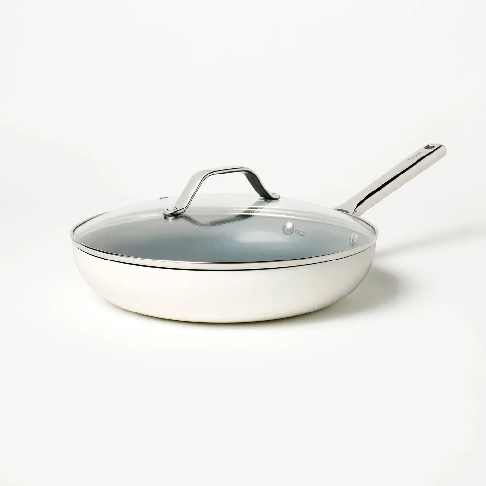 12" Nonstick Ceramic Coated Aluminum Frypan with Cover Cream - Figmint