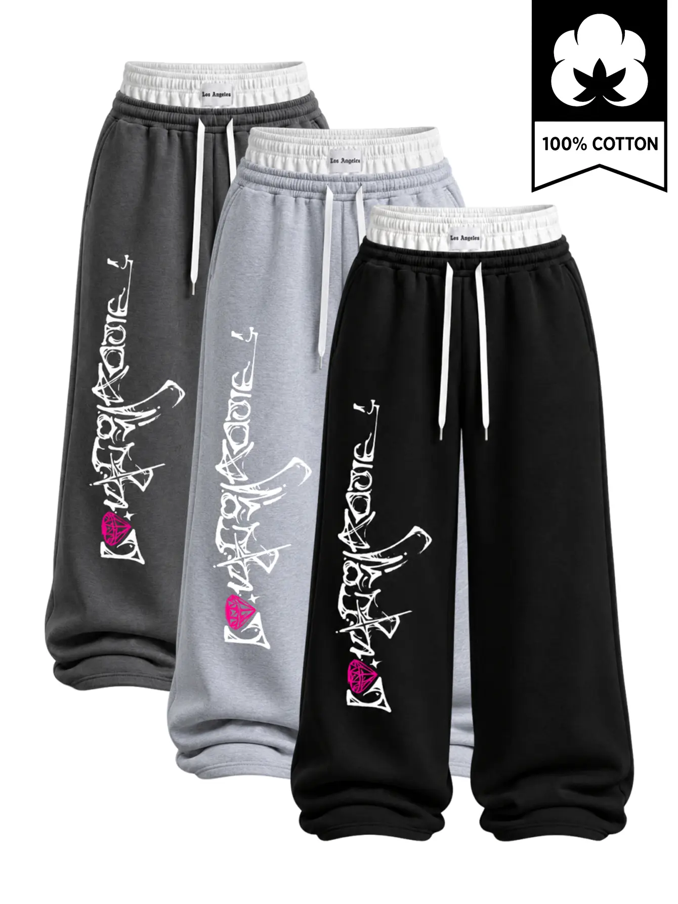 100% Cotton Low Rise Double Waistband Wide Leg Sweatpants, Pink Brick AK47 Graphic Print Pants for Women, Regular Loose Fit Drawstring Elastic Waist Casual Athletic Trousers, Y2K Streetwear Lounge Pants, Hip Hop Track Pants for TikTok US Style Daily Looks