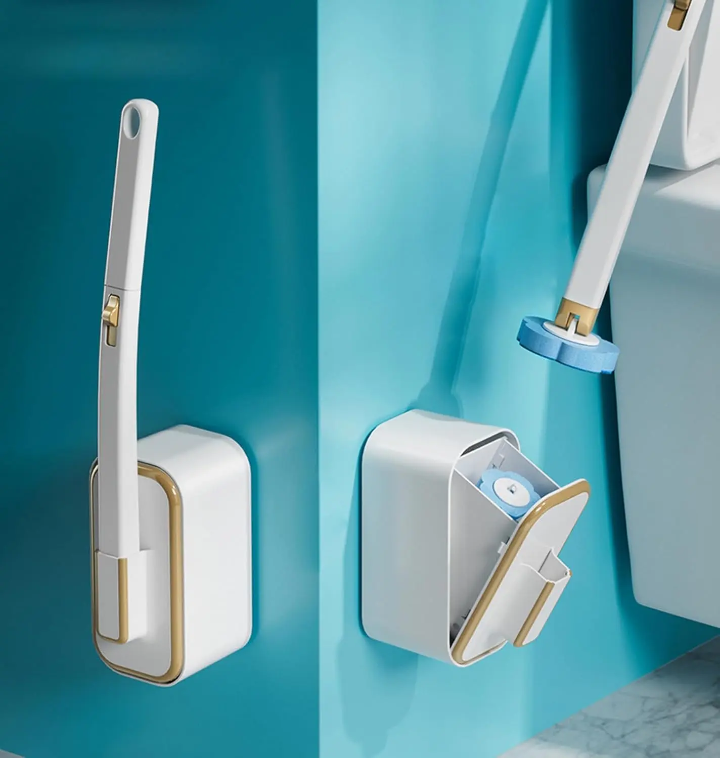Disposable Toilet Brush, includes 18 disposable refills, toilet cleaning wand, and replaceable brush heads. Available in multiple scents. Wall-mountable disposable toilet brush.