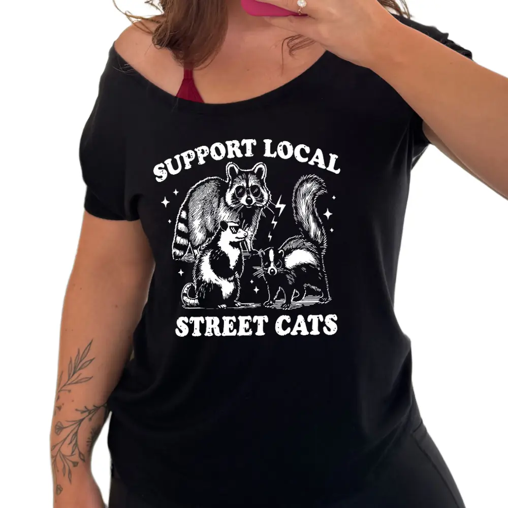 CVG Support Local Street Cats Slouchy Tee Black Casual, Viscose, Streetwear, Polyester Blend