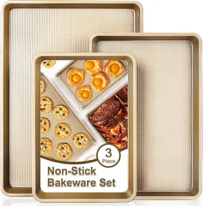 Baking Tray Set - 3 Piece Non Stick Cookie Sheet Pan, Carbon Steel Half / Jelly Roll / Quarter Size Bakeware with Diamond Pattern, Heavy Duty 0.8mm Thick Cookie Sheets for Oven