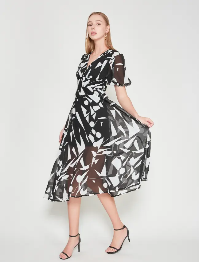 Women's Casual Abstract Black & White Geometric Print V-Neck Waist-Cinched Chiffon Midi Dress - Womenswear for Work, Party