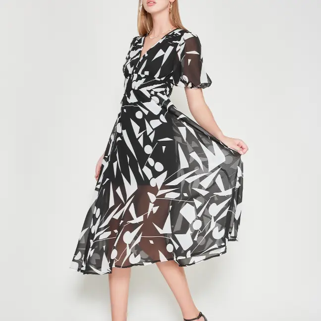 Women's Casual Abstract Black & White Geometric Print V-Neck Waist-Cinched Chiffon Midi Dress - Womenswear for Work, Party