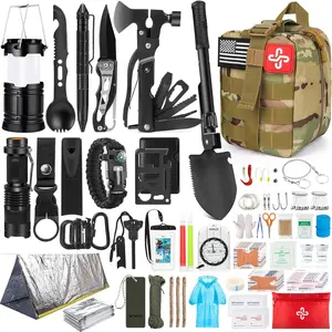 Survival kit, 250-piece survival equipment first aid kit, with MOLLE-compatible bag and emergency tent, suitable for earthquakes, outdoor adventures, hiking, hunting, unisex gift gear