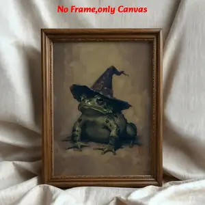 1 pc, wall art, Unique Artwork, vintage poster, Vintage Design, retro witch toad print, gothic halloween wall art, dark preppy rustic style, spooky victorian ugly frog witch painting, living room decor, dining room decor, kitchen decor, unframed