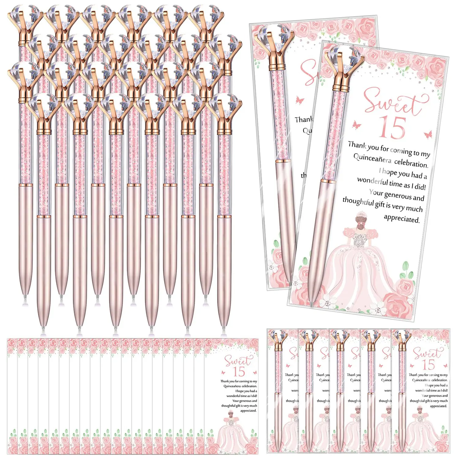 30 Sets Sweet 15th Birthday Party Favors for Guests, Large Diamond Pens with Thank You Cards, Rose Gold Ballpoint Pen Gift Set for Quinceañera Celebration Party, Birthday Party Decorations Souvenirs