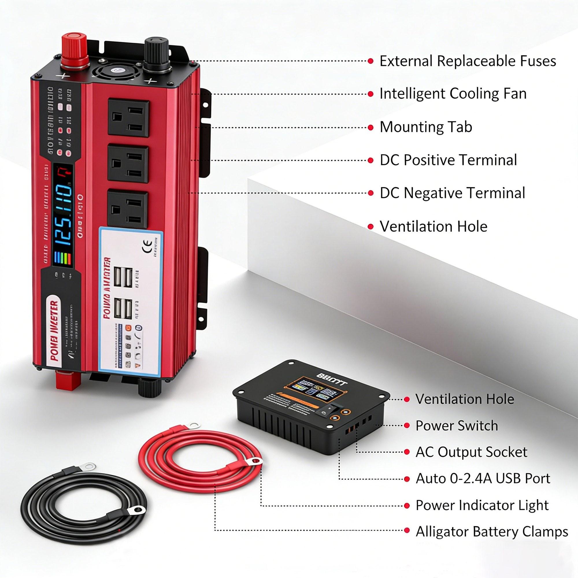 High Performance Car Power Inverter Equipped with 3 AC Outlets 4 USB Ports Fast Charging DC 12V to 110V AC 5000W Peak Power Portable Vehicle Adapter for Truck RV Boat Camping Daily Use and Emergency Backup