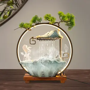 Compact Metal Tabletop Water Fountain - Rockery Waterfall Design, LED Lights, Atomizer, Wooden Accents, Vintage Aesthetic Fengshui Ornament, Living Room Home Decoration Relaxation Aid
