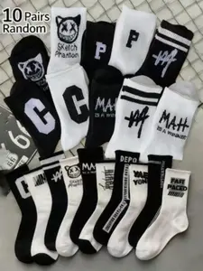 10 Pairs Men's Socks, Letter Print Pattern Socks, Street Style Knit Crew Socks, Fun Design, Random Colors, Trendy Socks, Casual Stylish Socks