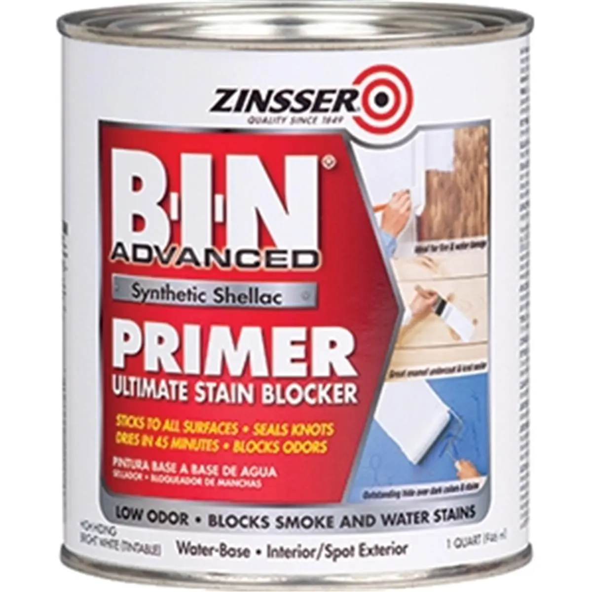 212 MAIN B-I-N Advanced White Synthetic Shellac Primer, 1 Qt Fast-Dry Stain Blocker, Odor-Blocking Solution for Automotive & Motorcycle Paint Care, Fire & Water Damage Restoration, Remodeling, New Construction